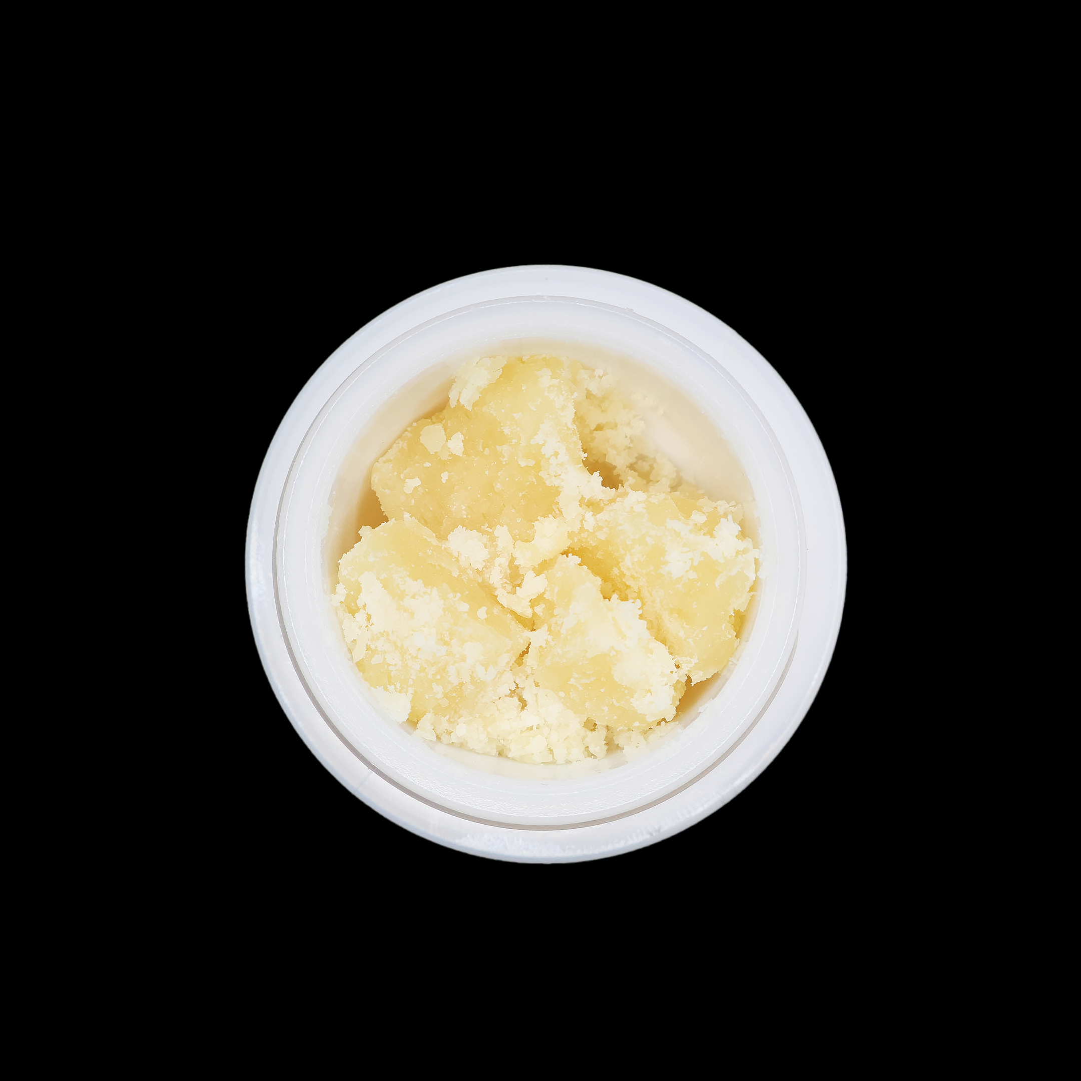 Miracle of The Desert Gelato 41 THCa Crumble extract in a clear container, showcasing the golden, crumbly texture of the product.