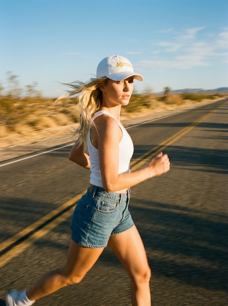 Woman wearing miracle hat on a road with a clear sky and desert landscape