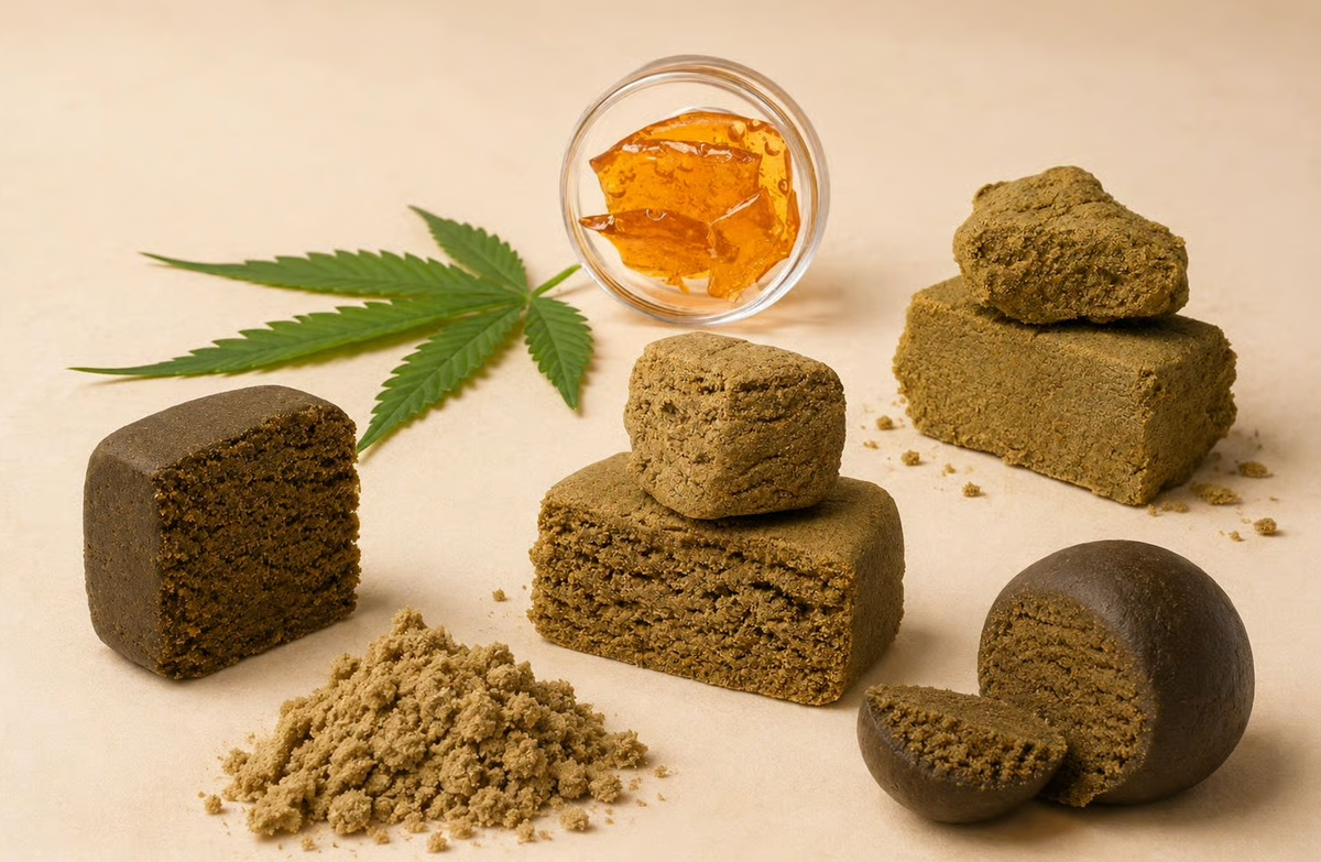 Assorted pieces of THCa hash and loose sift beside a hemp leaf