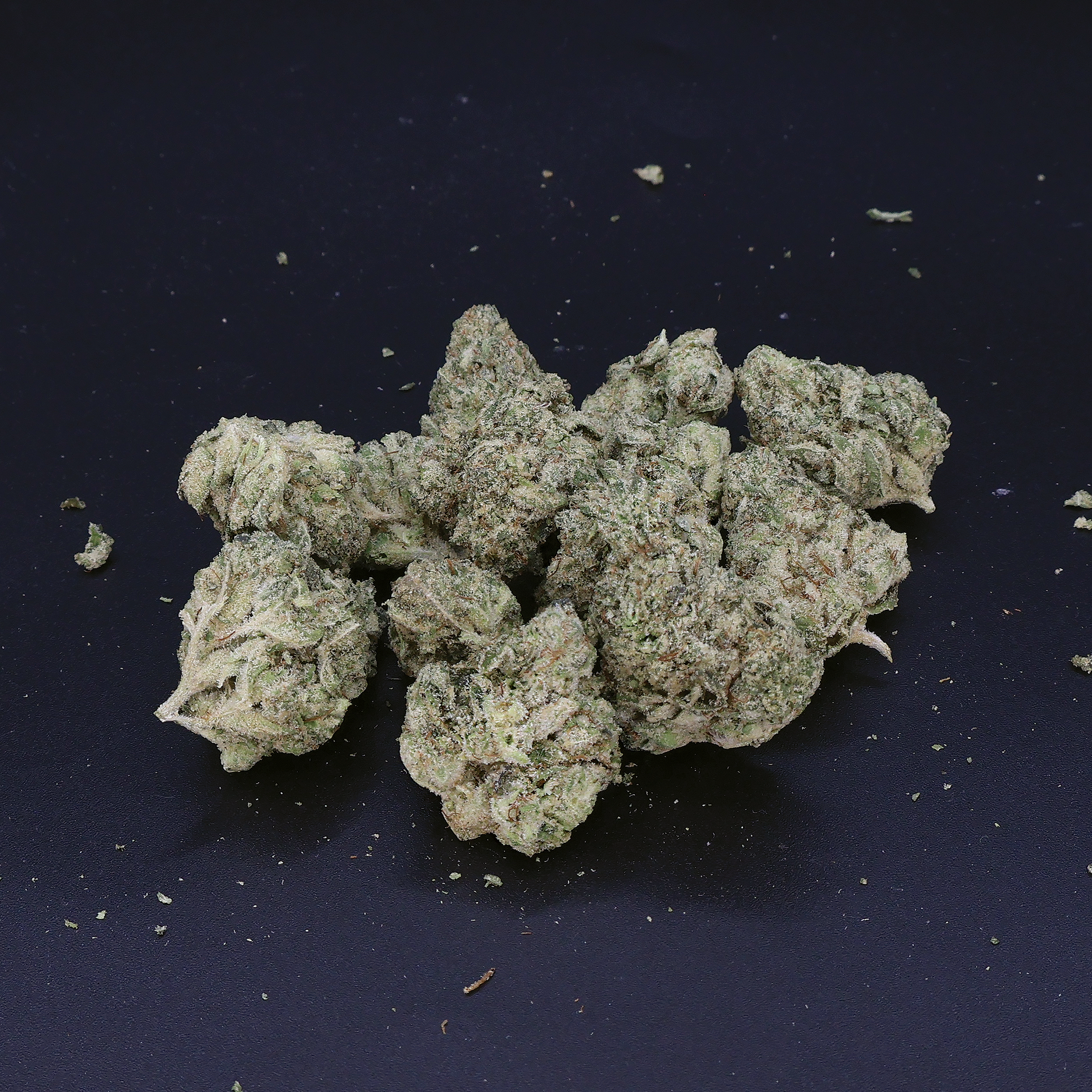 Close-up of Mystic Glue THCA Flower by Miracle of the Desert, showing dense, colorful buds with trichomes and vibrant orange pistils.