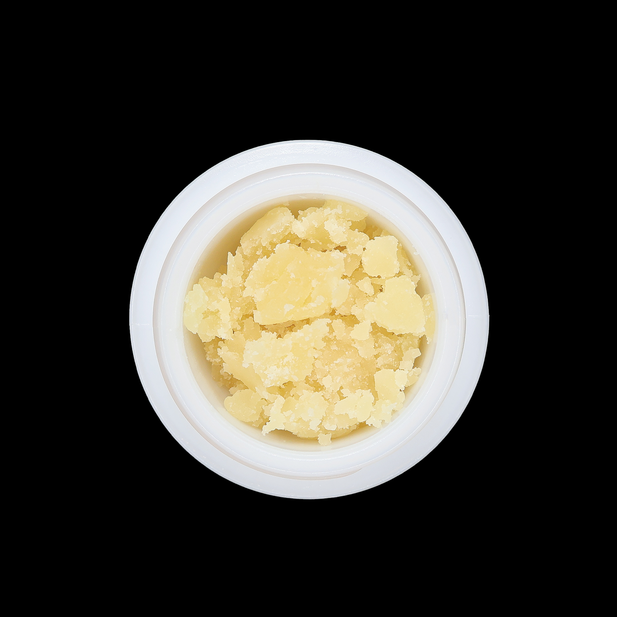 Miracle of The Desert Birthday Cake THCa Crumble in a clear container, showcasing golden crumble with cake-inspired scent.