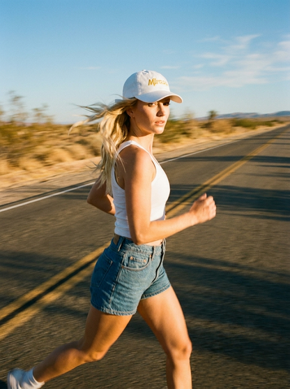 Woman wearing miracle hat on a road with a clear sky and desert landscape